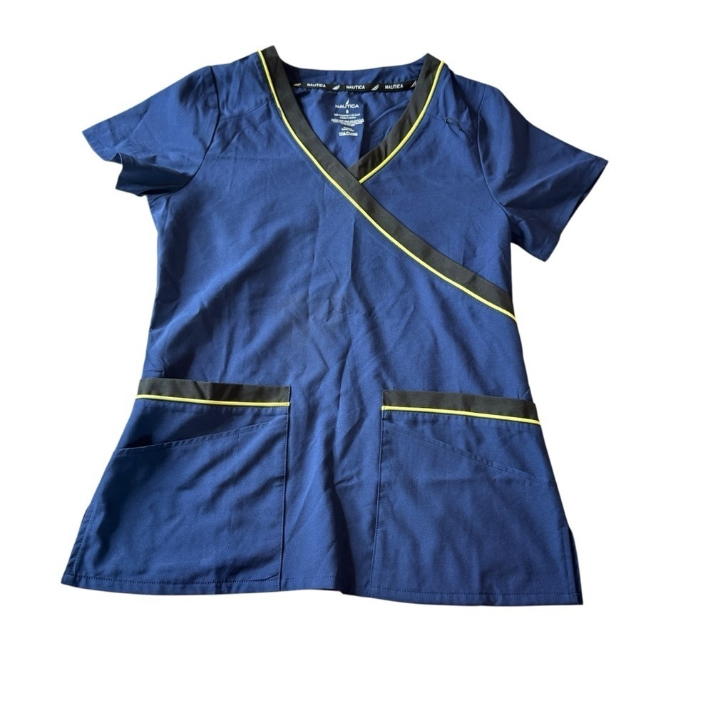 Nautica Womens Small Navy Blue Stretch Medical Scrub Top Wrap V Neck 4 Pocket